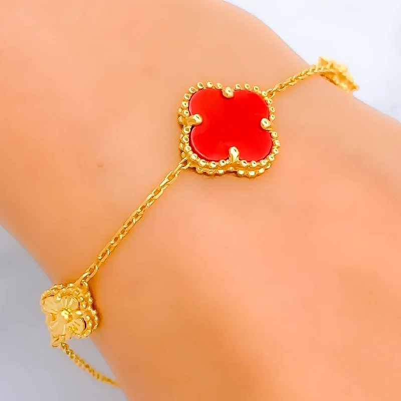 Women’s big bangles-Attractive Carnelian 21k Gold Clover Bracelet