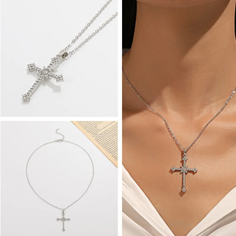 Women’s necklace with initials-Simple Style Cross Alloy Inlay Rhinestones Unisex Pendant Necklace 1 Piece