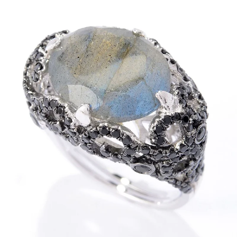 Women’s moonstone rings-Sterling Silver Labradorite and Black Spinel Ring