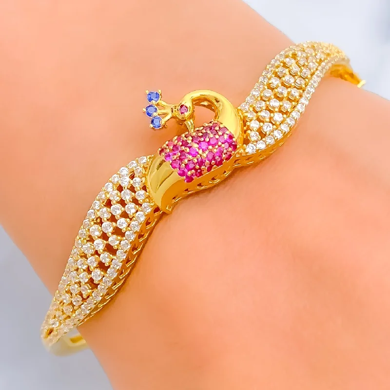 Women’s vintage cuff bracelets-Decorative Checkered Peacock 22k Gold CZ Bangle Bracelet