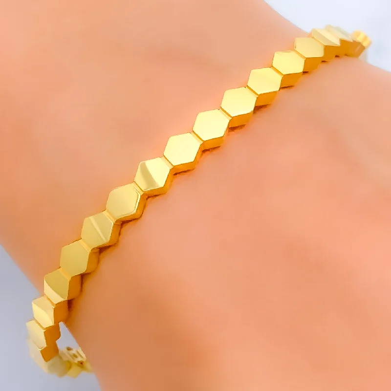 Women’s stackable gold bracelets-Glossy Lined Hexagon 22k Gold Bangle Bracelet