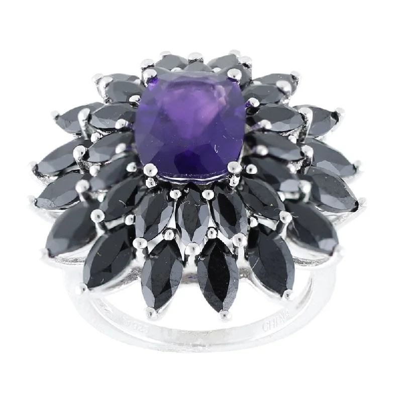 Women’s pearl rings-Sterling Silver Amethyst and Black Spinel Flower Ring