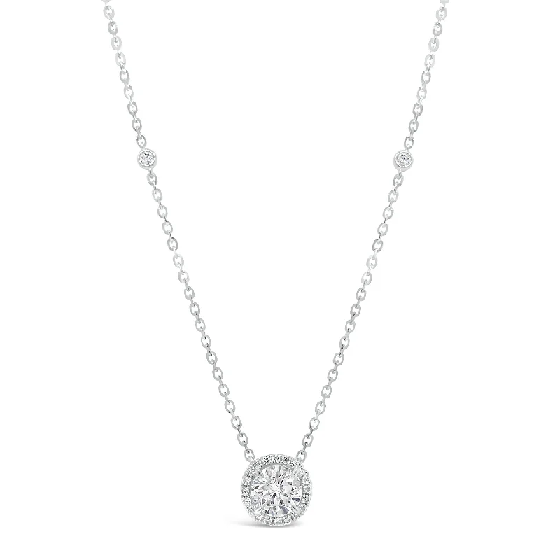 Women’s engagement necklaces-Round Diamond Halo Pendant Necklace with Bezel Set Diamond Stations