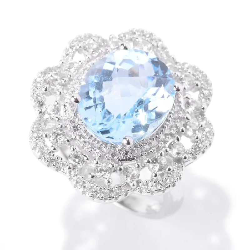 Women’s vintage engagement rings-Sterling Silver Blue Topaz Zircon Flower Halo Ring