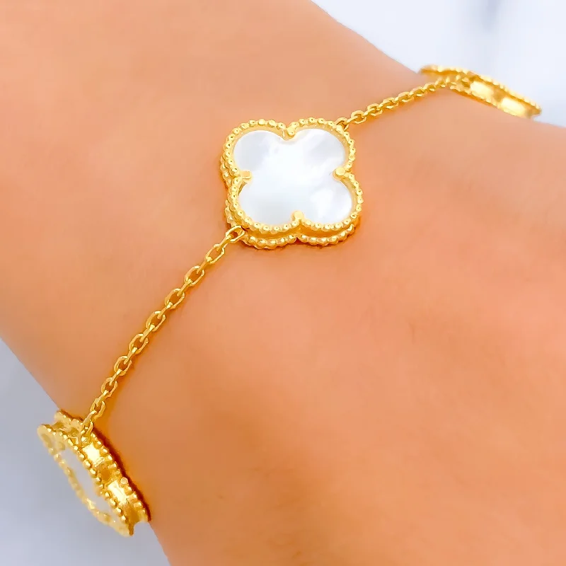 Women’s cuff bracelets with gemstones-Dapper 22k Gold Mother Of Pearl Clover Bracelet