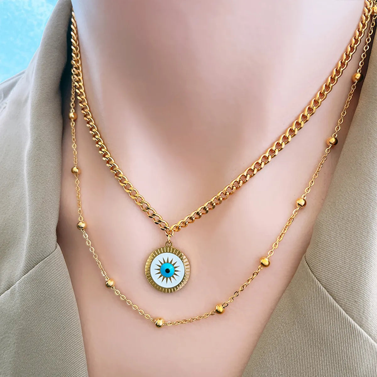 Women’s pearl and diamond necklaces-Wholesale Novelty Sun Eye Titanium Steel Rhinestones Layered Necklaces