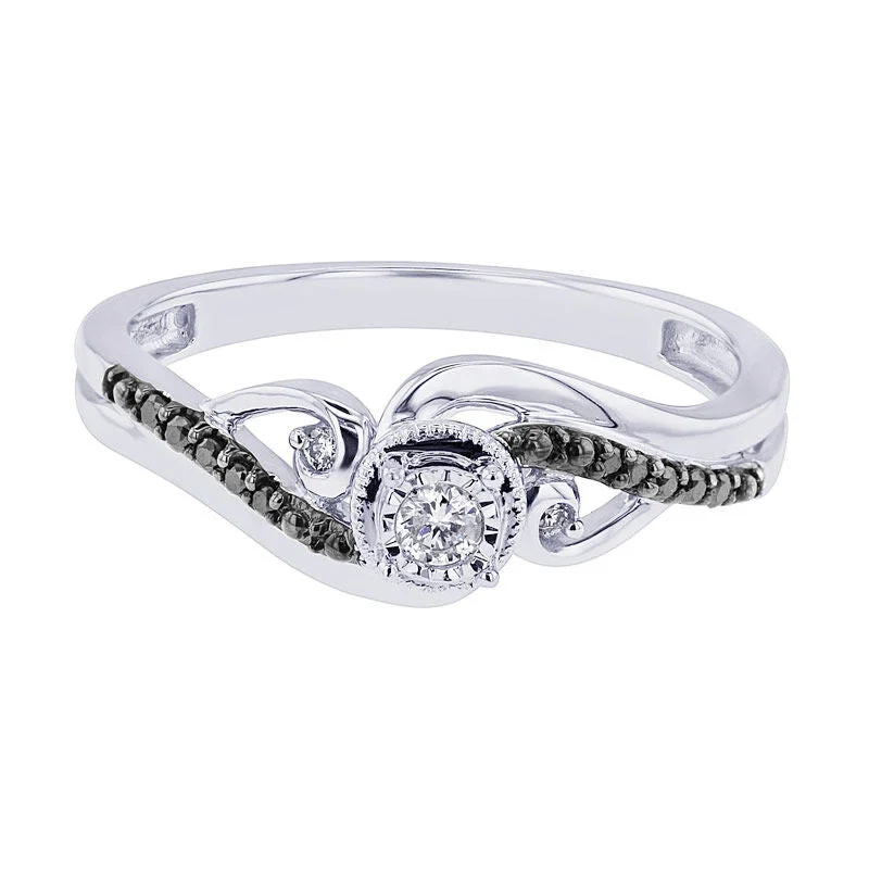 Women’s ring with colored stones engagement-Majestic Mirage Swirl Ready for Love Black & White Diamond Engagement Ring