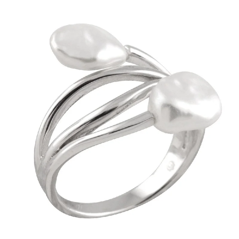 Women’s matching wedding rings-Sterling Silver Double Keshi Pearl Ring