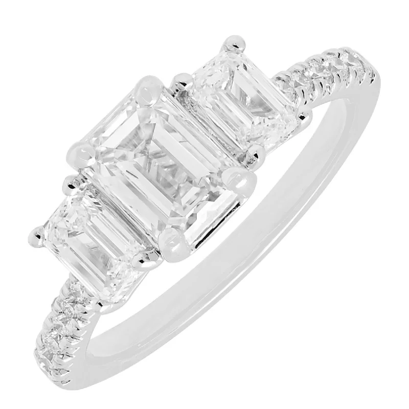 Women’s emerald diamond engagement rings-Lab Grown Emerald Cut Diamond Three Stone Engagement Ring in 14kt White Gold (1 3/4ct tw)