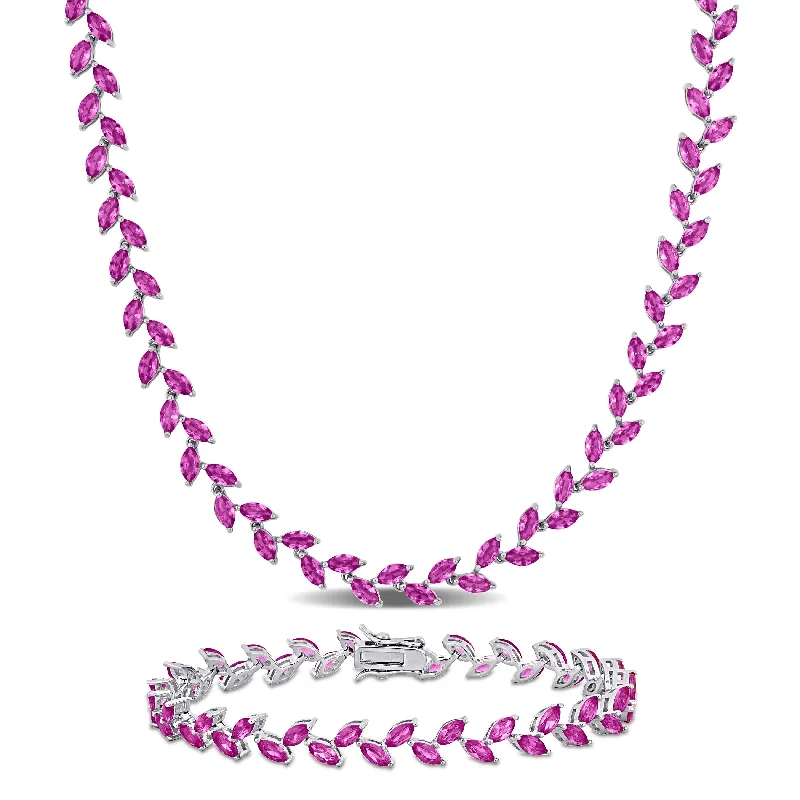 Women’s heart-shaped bracelets-Miadora 41 1/2ct TGW Created Pink Sapphire Leaf Necklace and Bracelet Sterling Silver-17 + 7.25 in