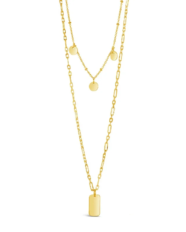 Women’s pearl and gold necklaces-Two Layer Tag & Disk Charm Layered Necklace