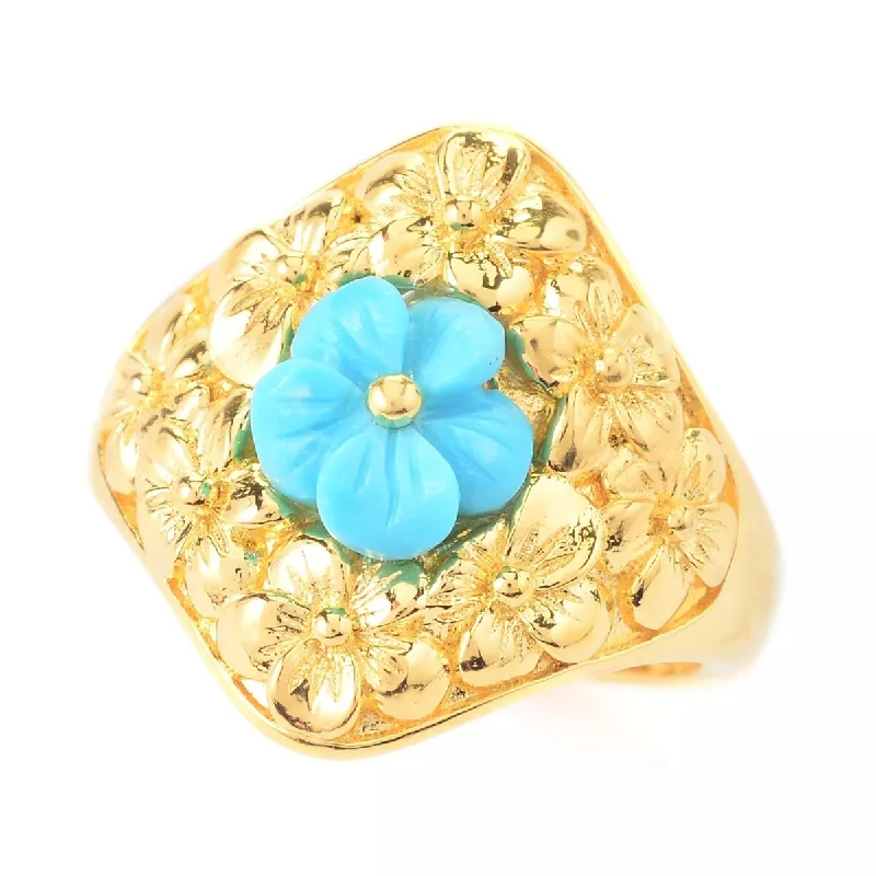 925 Sterling Silver Over Gold Plated Sleeping Beauty Turquoise Gemstone Flower Ring