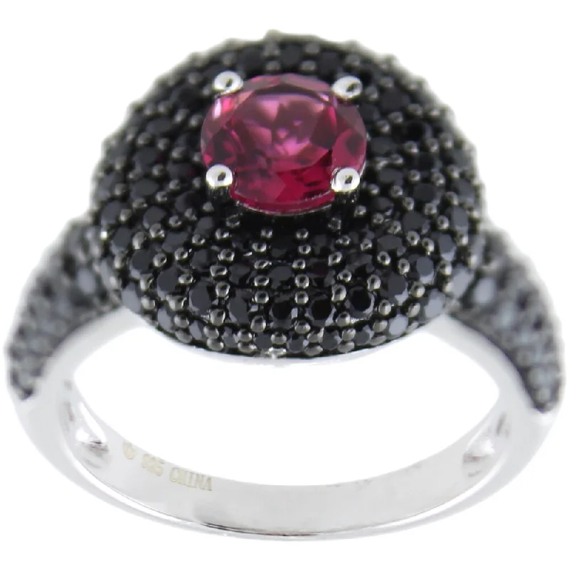 Women’s large rings-Sterling Silver Round Pink Tourmaline Black Spinel Ring