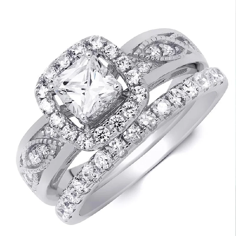 Women’s platinum rings-Comfort Fit 1.50 Carat Round Cut Bridal Ring Set Sterling Silver