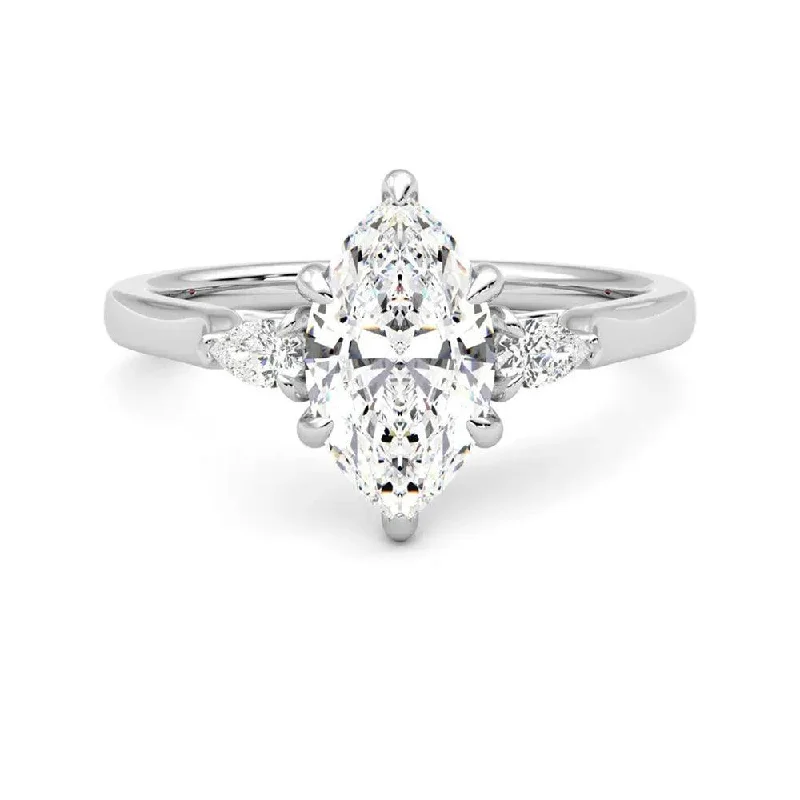 Women’s platinum and diamond engagement rings-Three Stone Marquise Cut Moissanite Engagement Ring with Hidden Anniversary Stone Accent