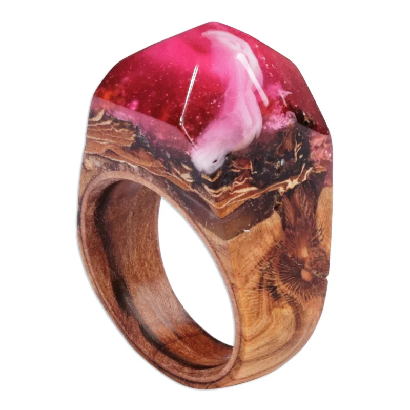 Women’s fashion rings-Novica Handmade Pink Spectacle Wood And Resin Domed Ring