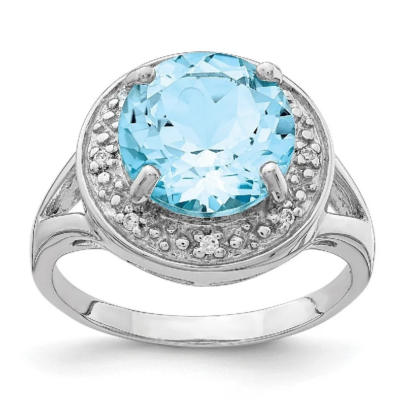 Curata 925 Sterling Silver Rhodium Plated 10mm Round Blue Topaz and CZ Cubic Zirconia Ring