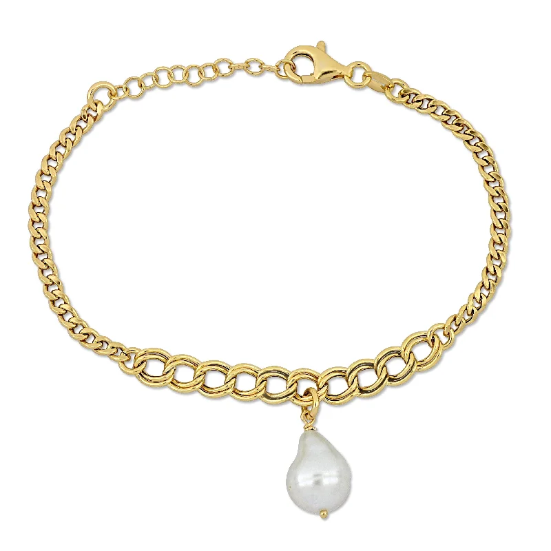 Women’s crystal bracelets-Miadora Cultured Freshwater Natural Shape Pearl Bracelet Link Chain Yellow Silver