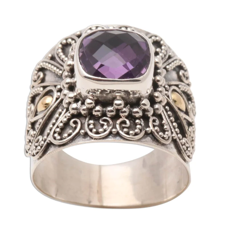 Women’s fashion rings-Novica Handmade Lilac Checkerboard Window Gold Accent Amethyst Cocktail Ring