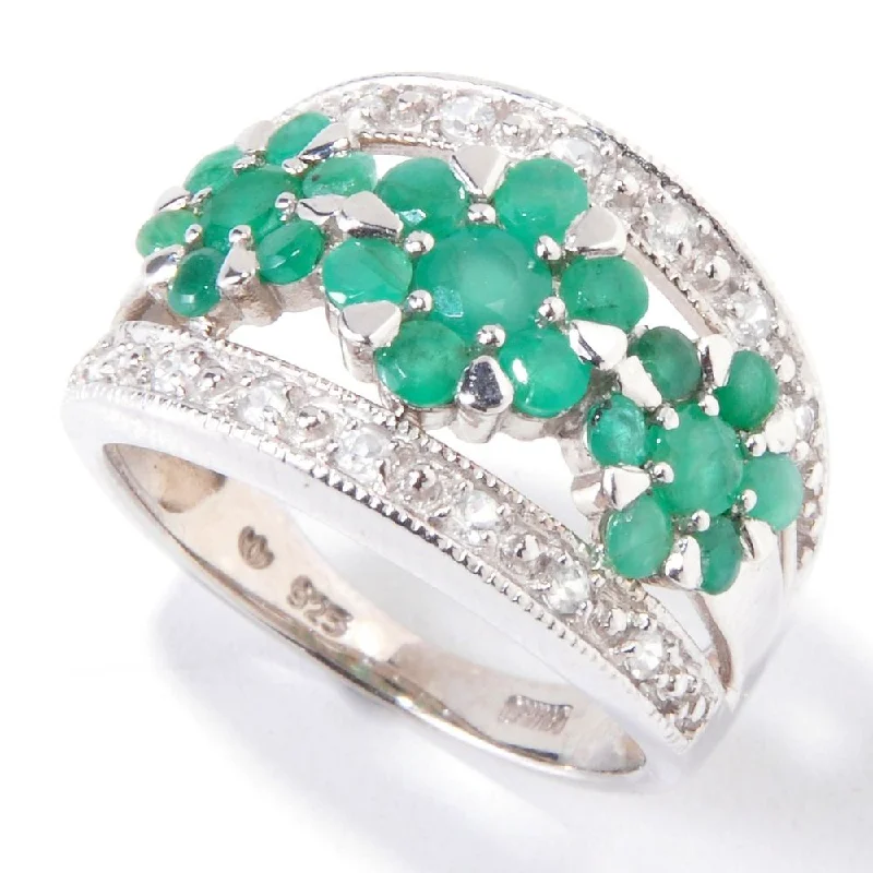 Women’s wedding bands-Platinum plated Sterling Silver 2.41 TCW Emerald & White Zircon Flower Ring