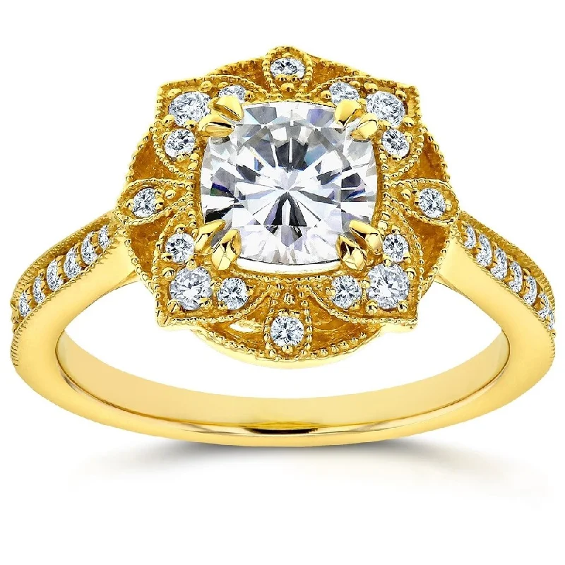 Women’s square rings-Annello by Kobelli 14k Yellow Gold 1 1/3ct TGW Cushion Moissanite and Diamond Floral Antique Ring