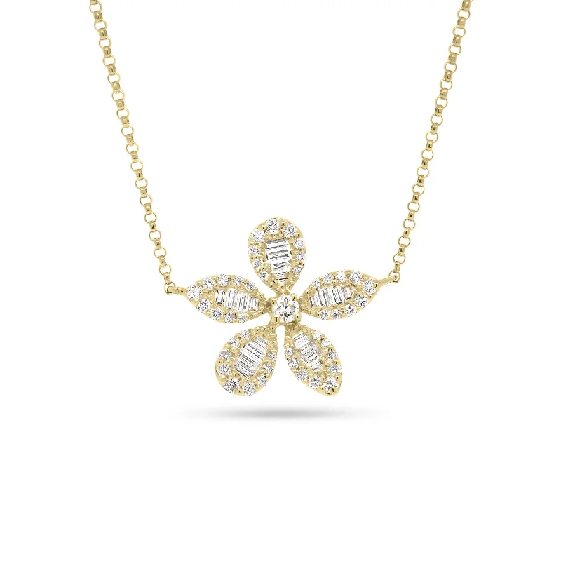 Women’s charm pendant necklaces-Baguette Diamond Flower Necklace