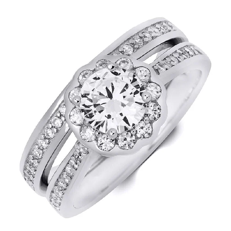 Women’s gemstone wedding rings-Sterling Silver 1.15 Carat Flower Design Bridal Ring Set Comfort Fit