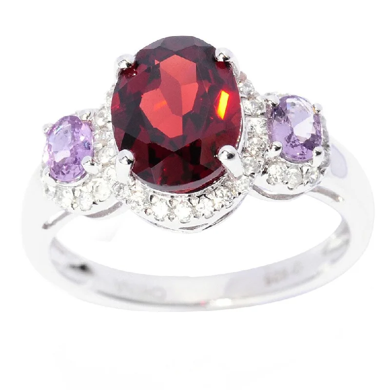 Women’s antique engagement rings-Sterling Silver Garnet Purple Sapphire and White Zircon Ring