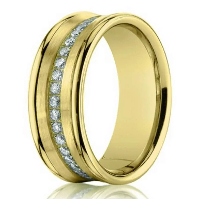 Women’s engagement rings with halo diamonds-7.5mm 14k Yellow Gold Mens Wedding Ring with Pave-Set Diamonds