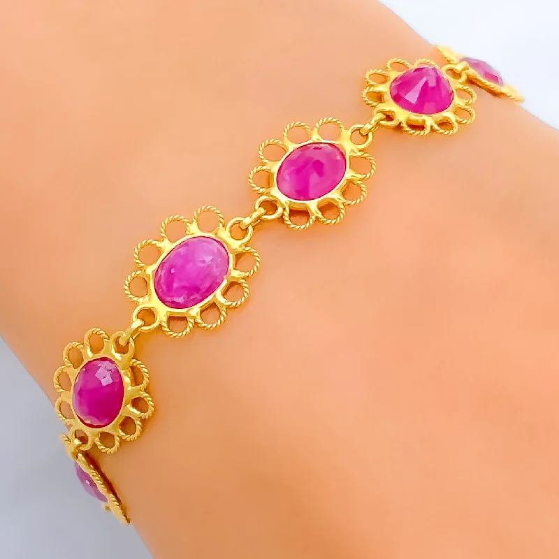 Women’s stackable gold bracelets-Lovely Linked Ruby Flowers 22k Gold Bracelet