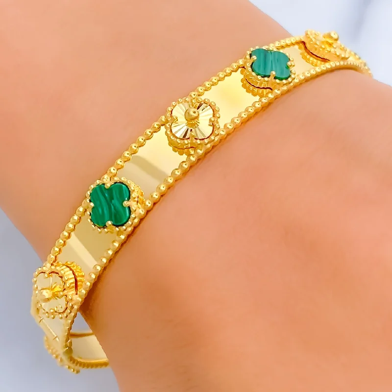 Women’s personalized bangle bracelets-Alternating Clover Malachite 21k Gold Bangle Bracelet