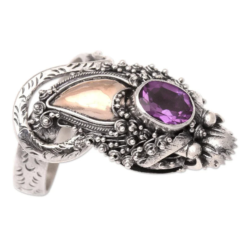 Women’s men’s ring for women-Novica Handmade Basuki Mini In Purple Rose Gold-Accented Amethyst Cocktail Ring