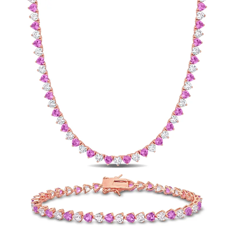 Women’s zodiac bracelets-Miadora 43 1/5ct TGW Created Pink and White Sapphire Tennis Necklace and Bracelet Set Rose Plated Silver