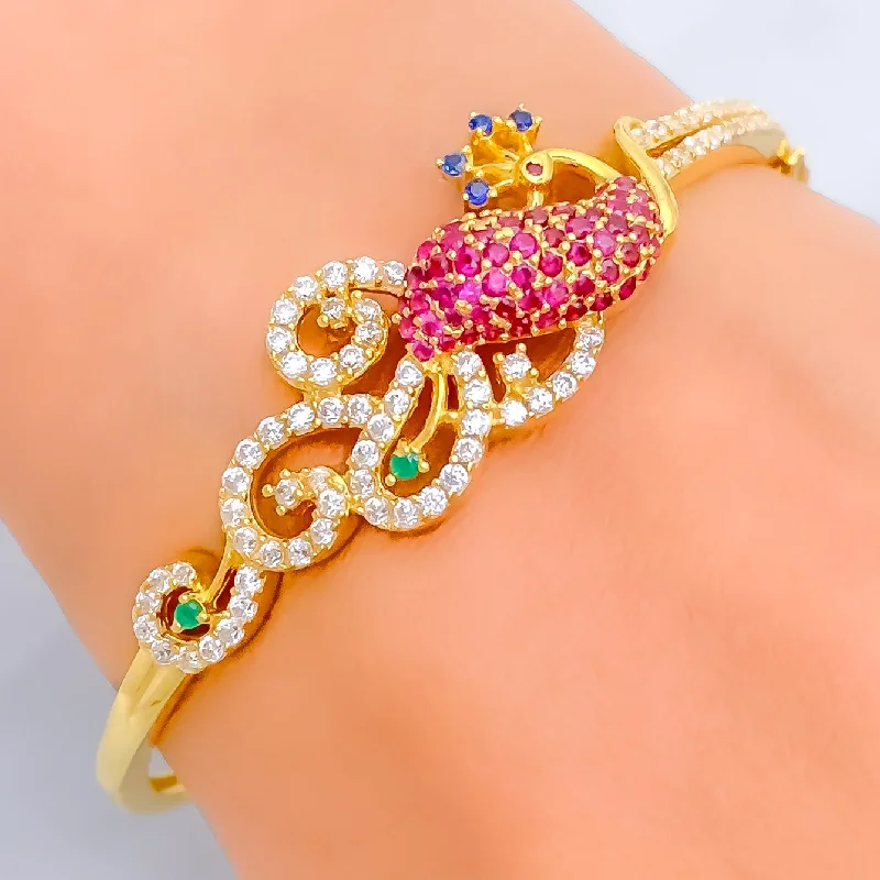 Women’s square bangles-Extravagant Feathered Peacock 22k Gold CZ Bangle Bracelet