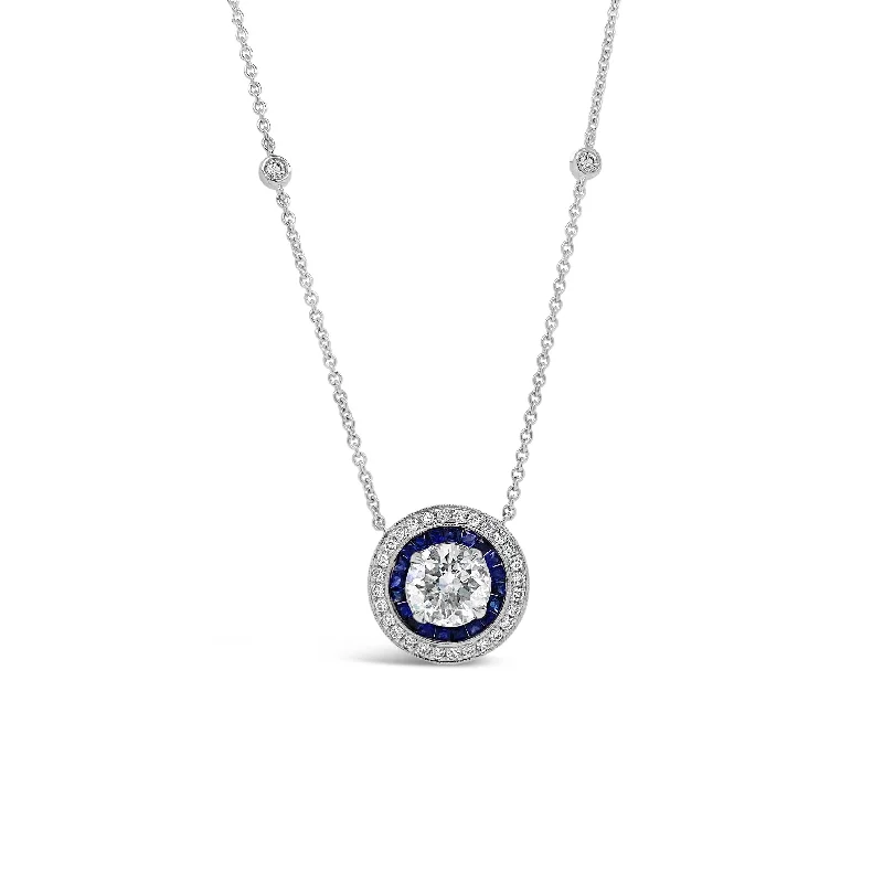 Women’s circular necklaces-Diamond Solitaire Necklace with Sapphires and Bezel-Set Diamond Stations