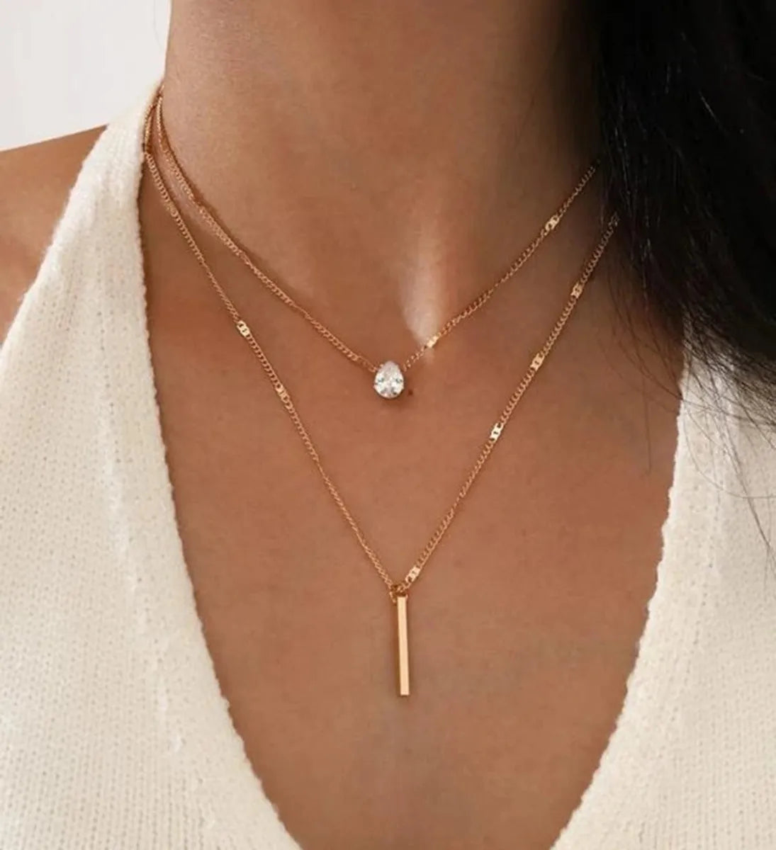 Women’s two-tone necklaces-Elegant Lady Water Droplets Alloy Plating Inlay Rhinestones Women's Layered Necklaces