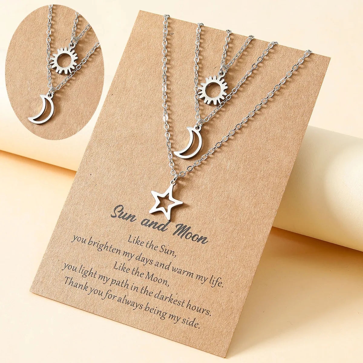 Women’s long gold necklaces-New Hollow Sun Moon And Star Pendent Card Alloy Necklace