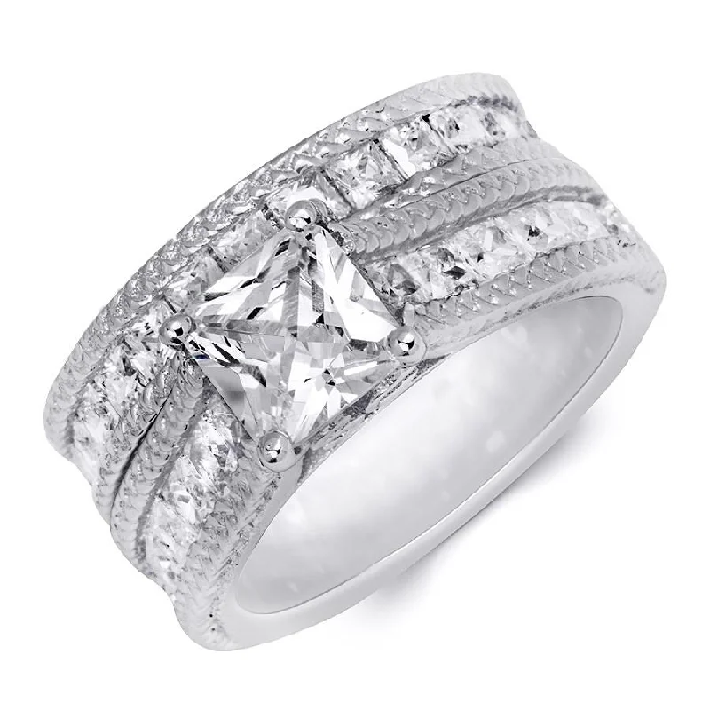 Women’s small rings-Womens 4.3ct Princess Cut Eternity Band Bridal Ring Set Real Silver