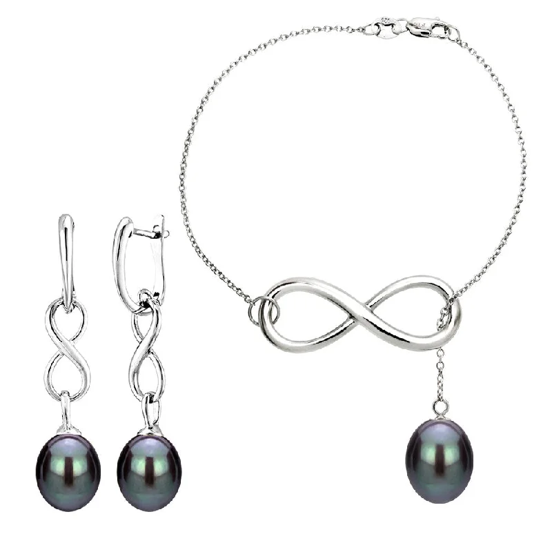 Women’s fashion crystal bangles-DaVonna Sterling Silver 8-9mm Black Freshwater Pearl Infinity Bracelet and Earrings