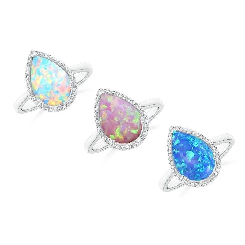 Women’s princess-cut rings-White Blue Or Pink Opal Pear Cut Halo Ring