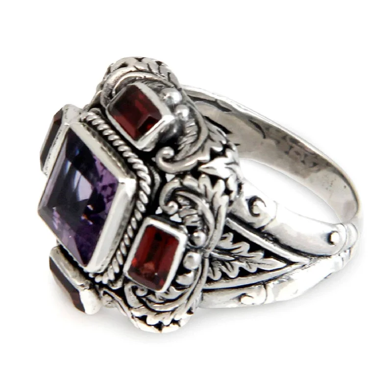 Women’s pearl rings-Handmade Sterling Silver 'Temple Guardian' Garnet Amethyst Ring - Purple