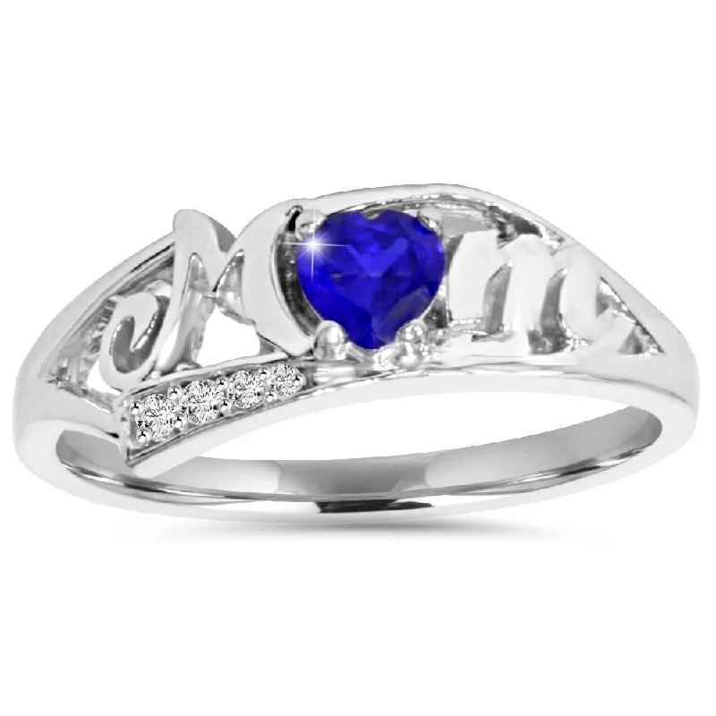 5/8ct Blue Heart Sapphire & Diamond MOM Ring 10K White Gold