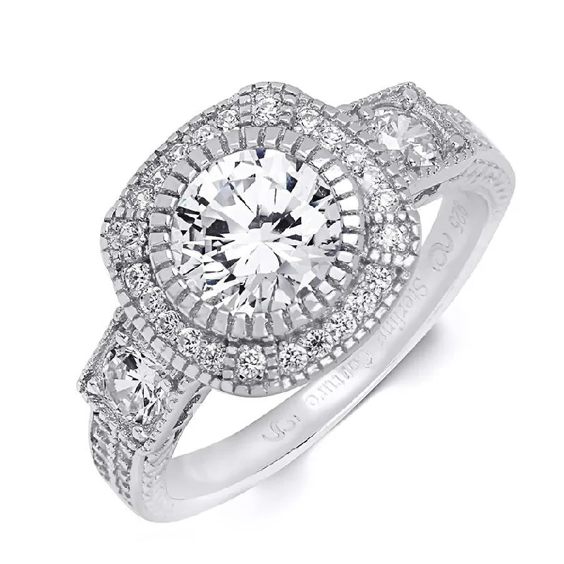 Women’s platinum anniversary rings-Sterling Silver Cubic Zirconia Bridal Ring 3.0 Carat Halo Round Cut