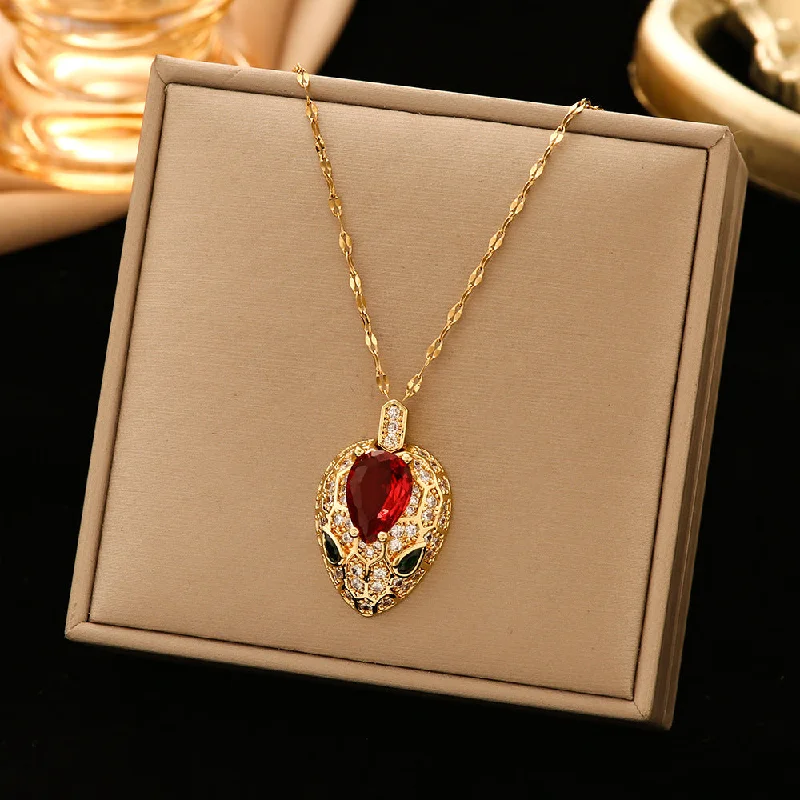 334 Ruby Snake Head Necklace-Golden Red