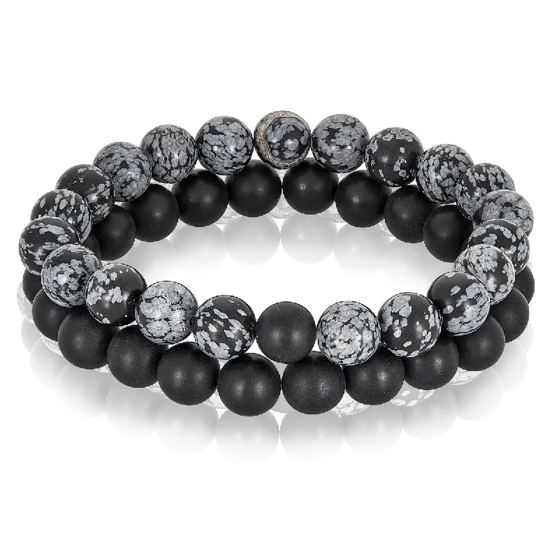 Women’s personalized bracelets-Men's Snowflake Agate and Onyx Stone Stretch Bracelet Set