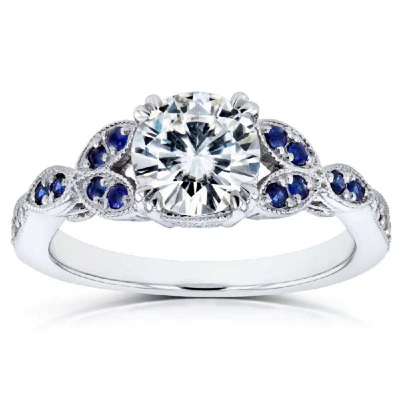 Women’s solitaire diamond rings-Annello by Kobelli 14k White Gold 1 1/5ct TCW Forever One Colorless (DEF) Moissanite with Diamond and Sapphire Floral Ring