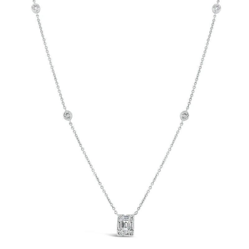 Women’s emerald necklaces-Diamond Rectangle Pendant with Bezel-Set Diamond Stations