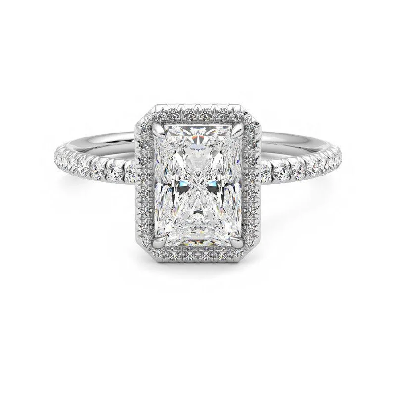 Women’s engagement rings with heart-shaped diamonds-Classic Halo Radiant Cut Moissanite Engagement Ring with Hidden Anniversary Stone Accent