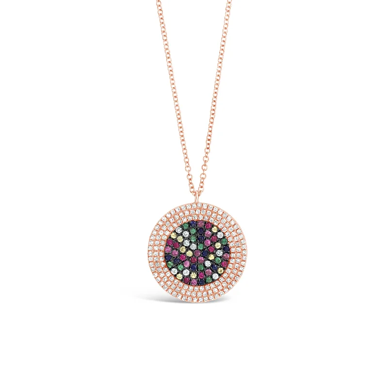 Women’s inspirational necklaces-Multicolor Gemstone & Diamond Disc Pendant Necklace