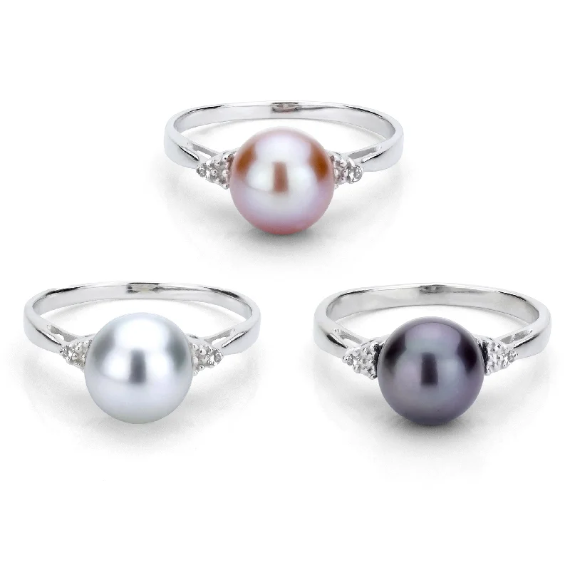 Women’s moonstone rings-DaVonna Sterling Silver 8-9 mm Round Pearl and 1/10ct TDW Diamond Ring (L-M, I1-I2)